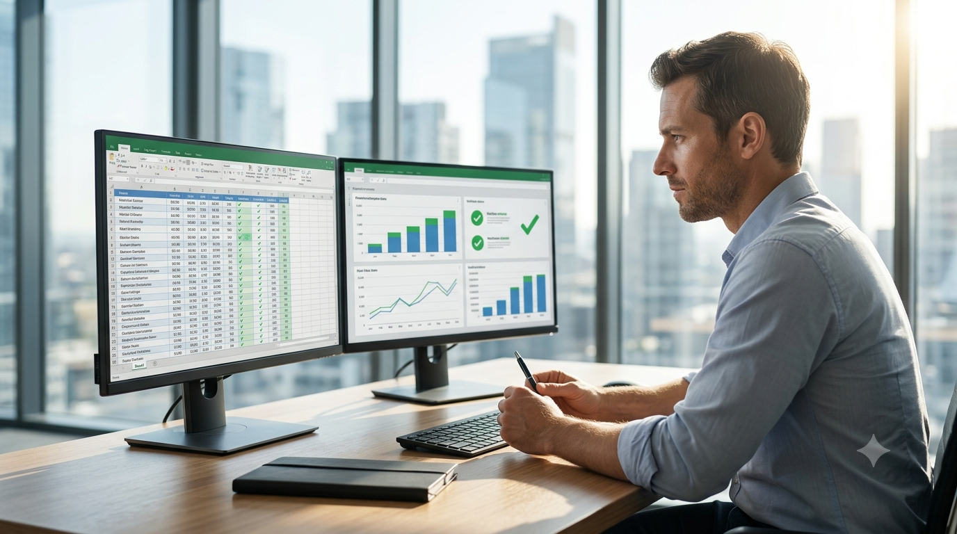 B2B sales director analyzing verified lead generation data and charts on a dual-monitor setup, representing Apollo.io data filtering workflows.