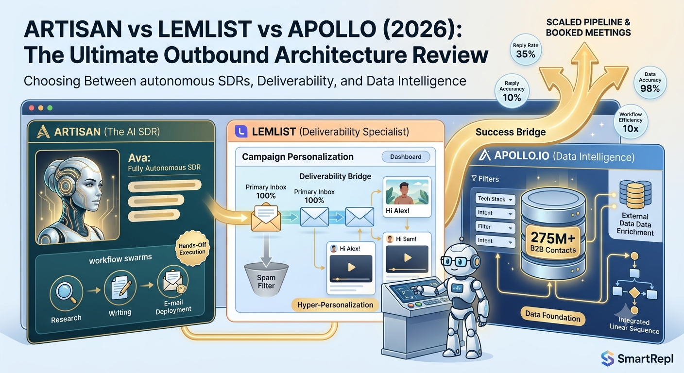 Comparison chart showing Artisan AI Ava, Lemlist campaign automation, and Apollo sales intelligence software architecture