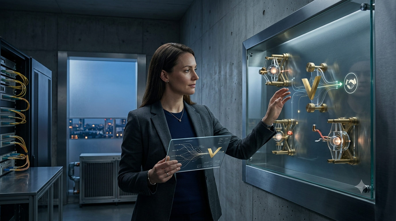 A female software architect in a minimalist tech lab at twilight, thoughtfully evaluating Vapi's architecture against its competitors using an intricate mechanical comparison display, symbolizing strategic choice in 2026 enterprise AI voice deployment.