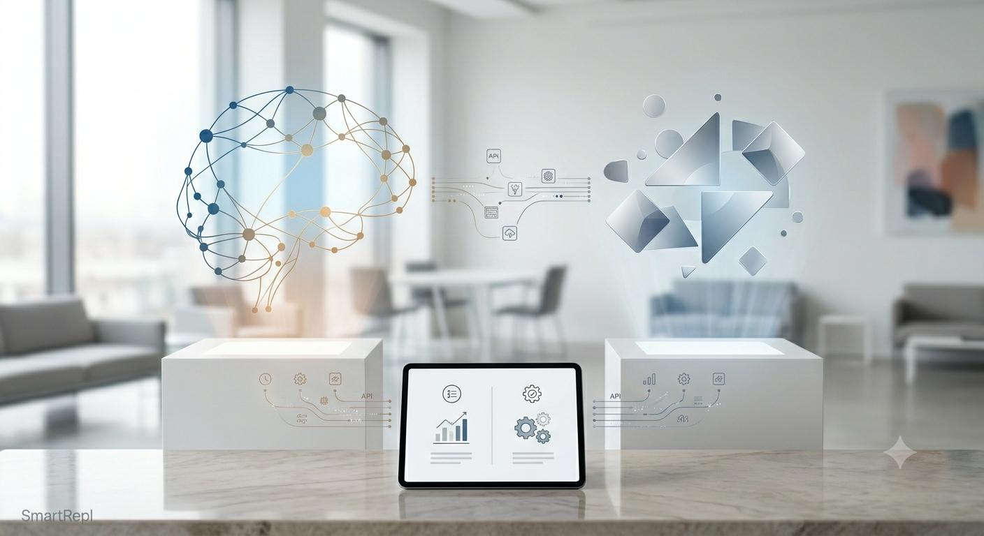 A professional laptop on a modern marble desk displaying a side-by-side comparison screen between Synthflow AI and Bland AI software dashboards under a clean corporate aesthetic.