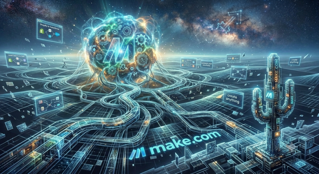 A large-scale, futuristic digital landscape visualizing the automation infrastructure of Make.com, featuring the Make logo embedded in a glowing central data core with floating screens showing app integrations.