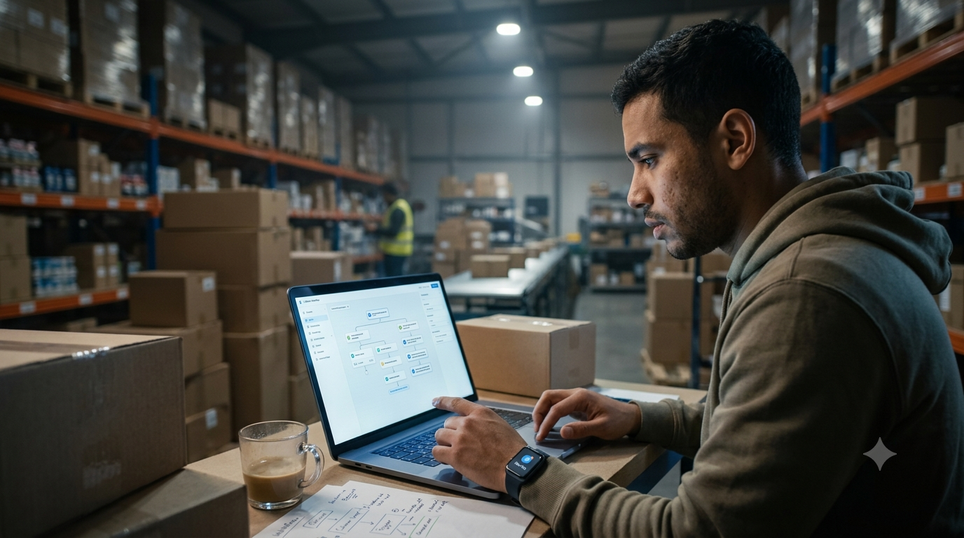 E-commerce business owner building an automated customer support chatbot workflow in a warehouse office.