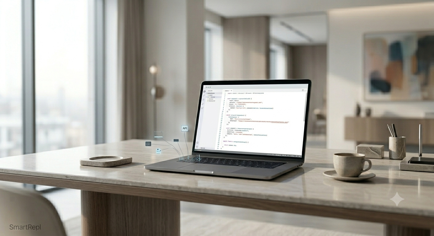 A modern, clean developer desk setup featuring a laptop open to a code editor displaying clean API scripts, with a minimal smartphone beside it showing the text Bland AI Review on a sleek user interface.