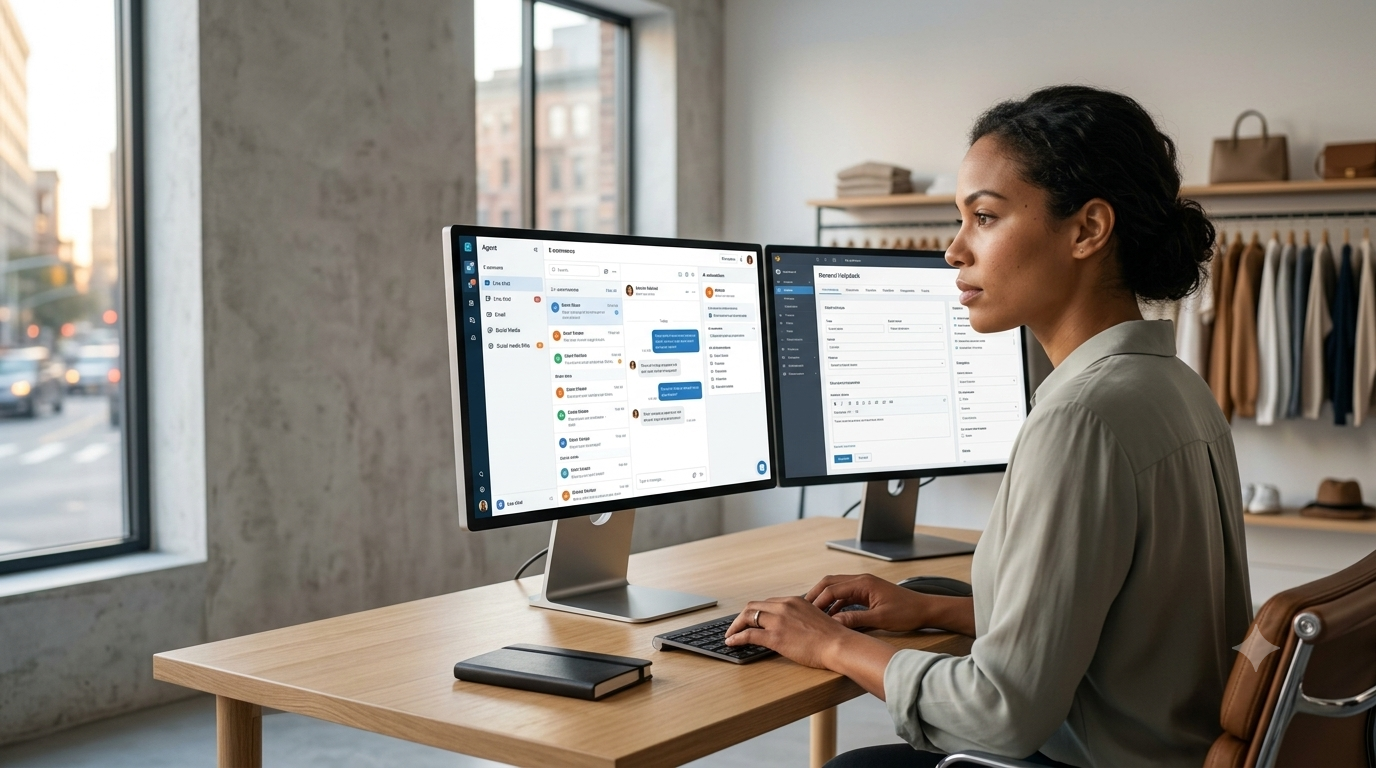 A female e-commerce business owner is contemplative, analyzing two distinct customer service software interfaces—Gorgias and Zendesk—to decide which helpdesk architecture will best streamline customer conversations and drive retention. The photo is a cinematic, hyper-realistic, 4K snapshot from a creative workspace.