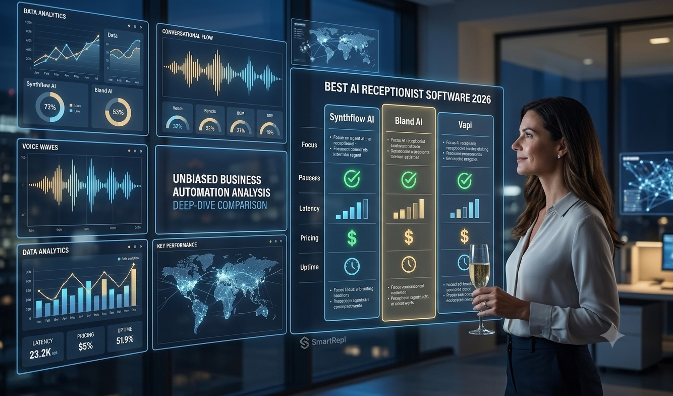 A business woman looking at glowing holographic comparison screens in a modern dark office setting. The digital dashboard displays data analytics, performance charts, and a side-by-side breakdown of the top business software solutions including Synthflow AI, Bland AI, and Vapi.