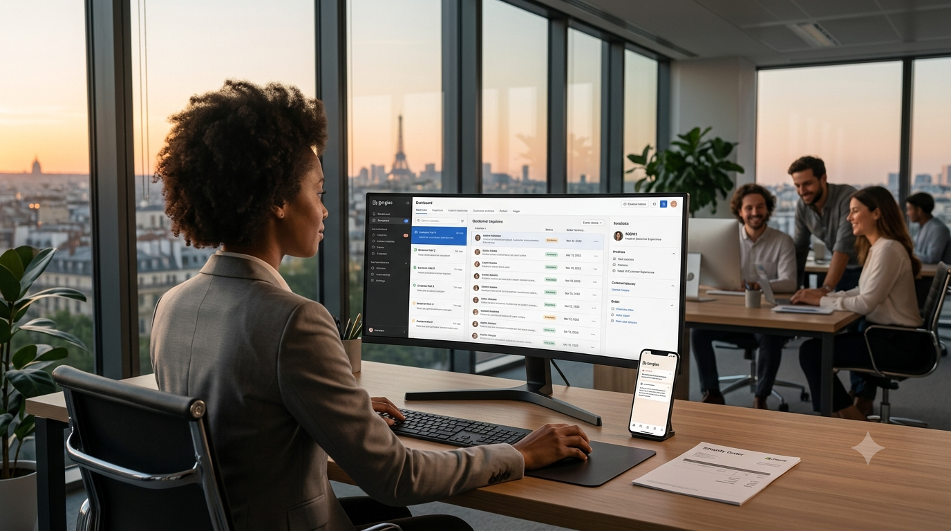 An over-the-shoulder shot of a support manager working on an ultra-wide monitor displaying a customer helpdesk dashboard with Shopify integration in a high-rise office at sunset.