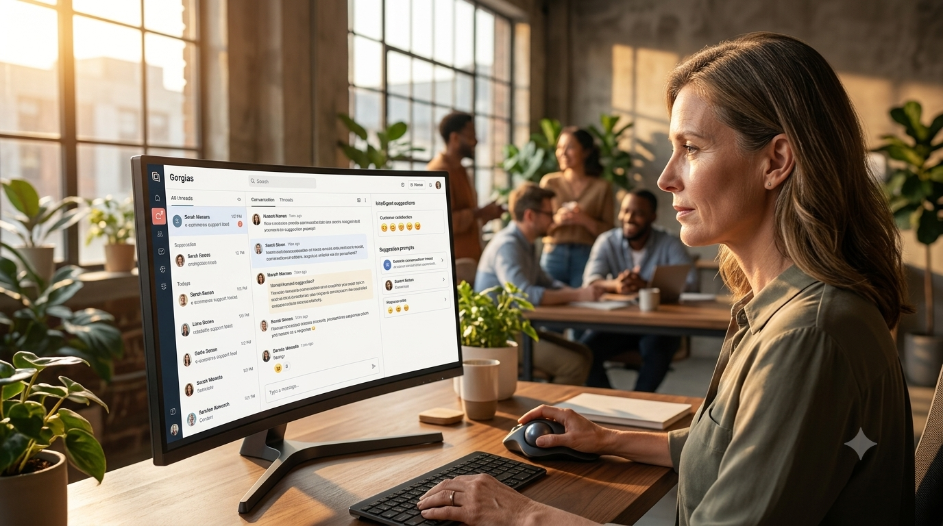 E-commerce support lead customizing dynamic template variables inside the Gorgias helpdesk dashboard during golden hour.