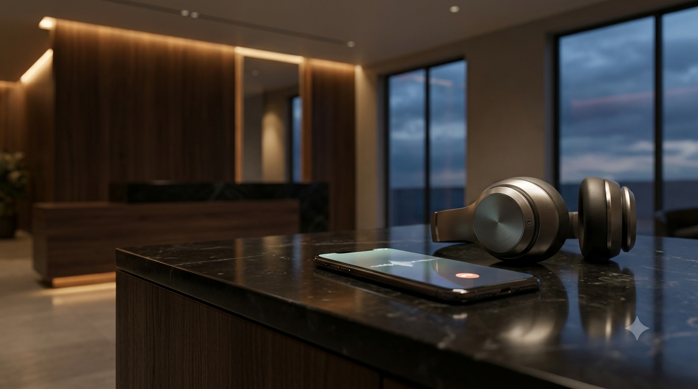 A luxury smartphone displaying a digital voice call waveform next to high-end wireless headphones on a marble reception desk, representing an active after-hours Vapi AI voice bot assistant.