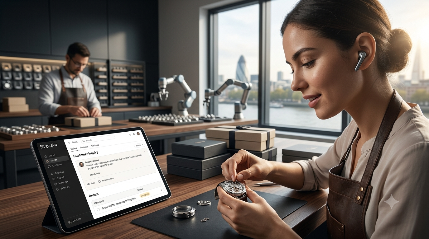A premium online store owner managing e-commerce customer support tickets seamlessly using a structured Gorgias helpdesk interface.