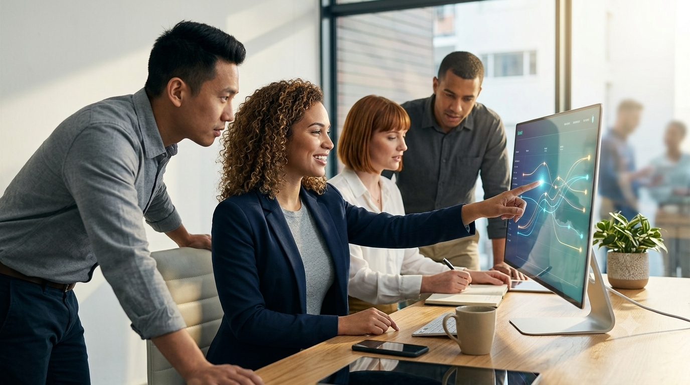 B2B growth marketing team analyzing real-time data capital metrics on a desktop computer screen in a bright office.