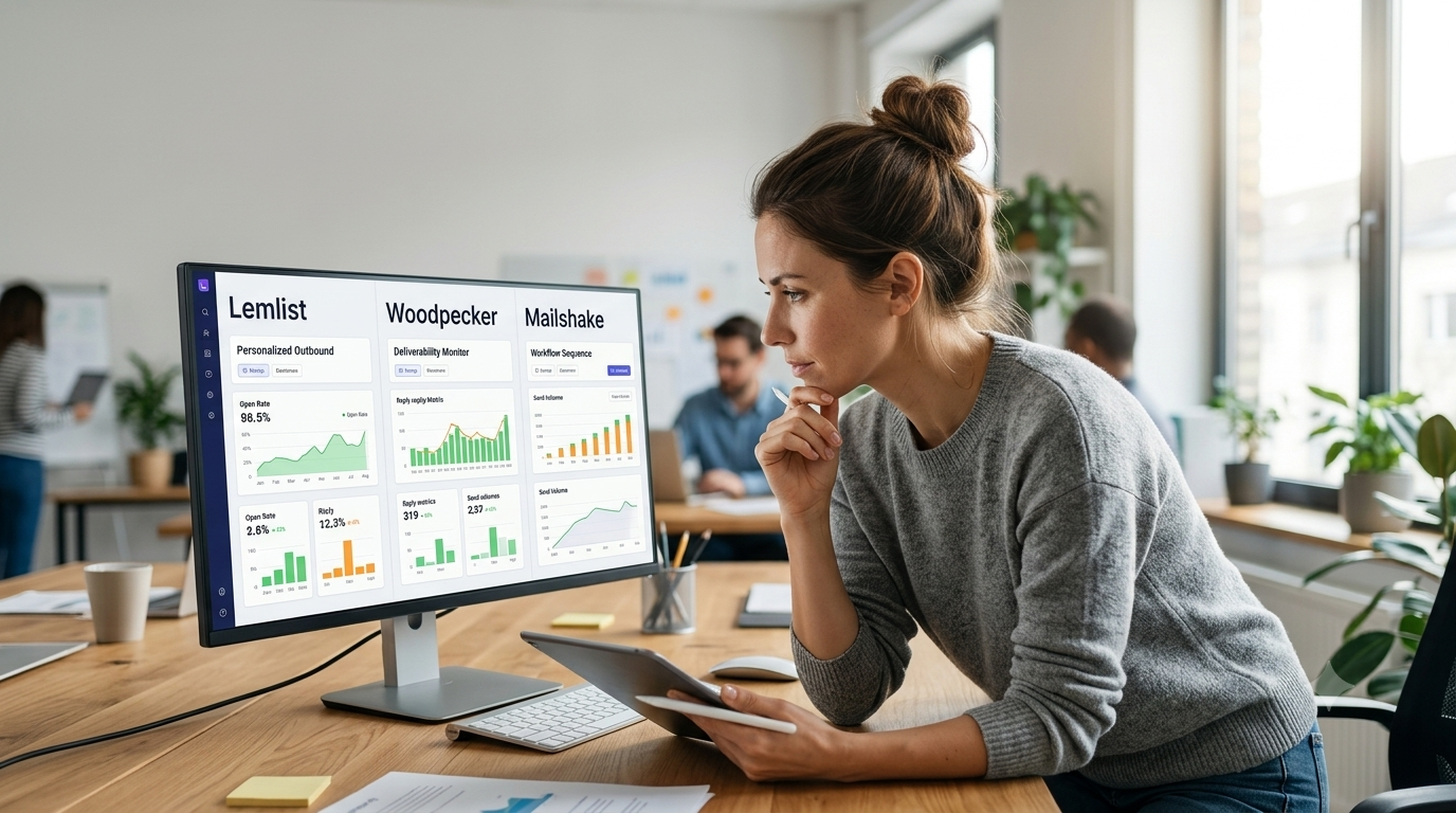 A female marketing specialist sitting at a wooden office desk, carefully evaluating a side-by-side comparison dashboard of three cold email software tools on a widescreen monitor.