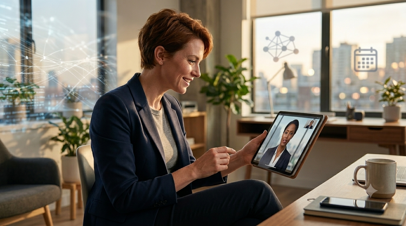 Business owner in a modern bright office reviewing an autonomous sales avatar on a digital tablet to book meetings.