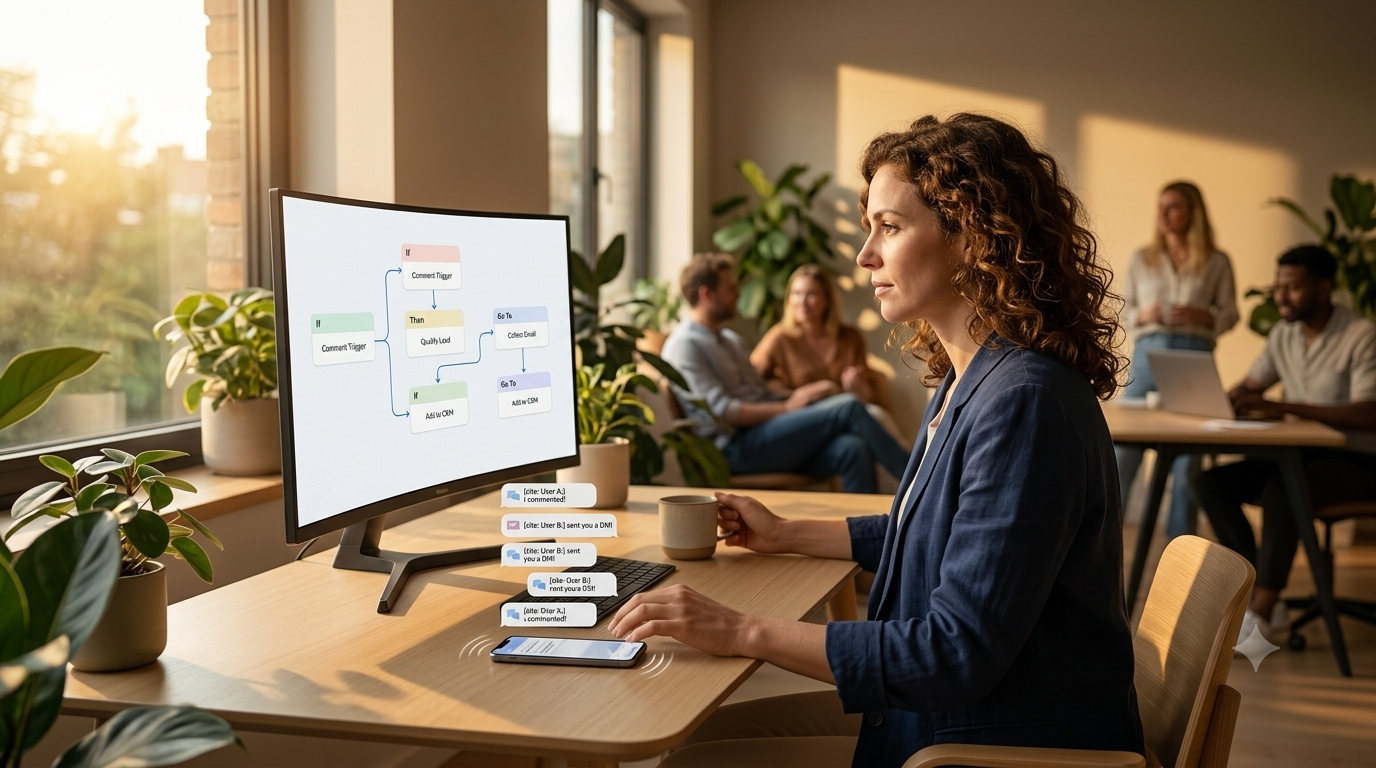 A professional female growth marketer monitoring an automated DM chat marketing funnel on her monitor during golden hour in a creative agency office.