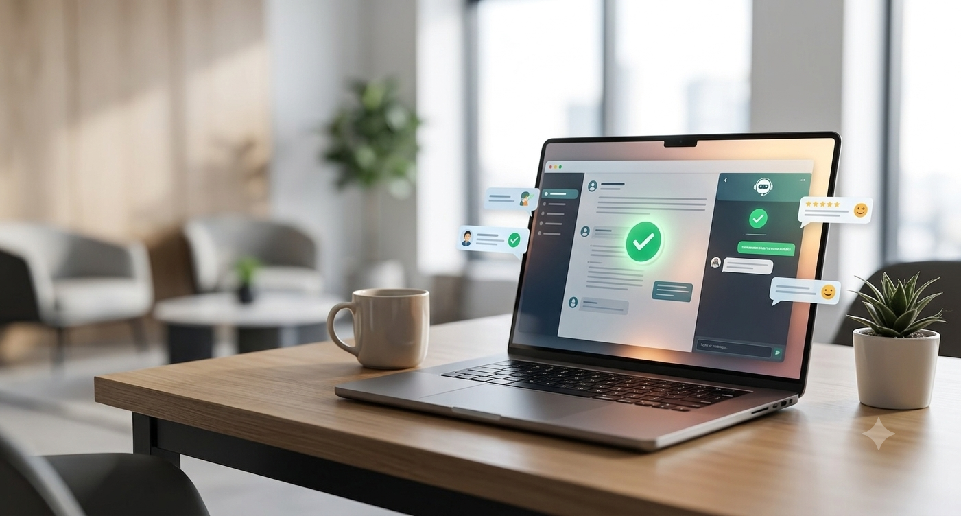Een moderne, lichte kantoorwerkplek met een laptop die een geanimeerde AI-chatinterface voor klantenservice toont met groene vinkjes en chatbubbels, omringd door een koffiemok en een plant op een houten bureau.