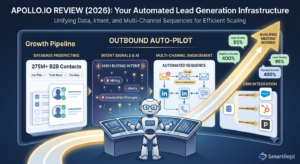 Apollo.io dashboard showing sales intelligence data analytics and automated outreach workflow infrastructure