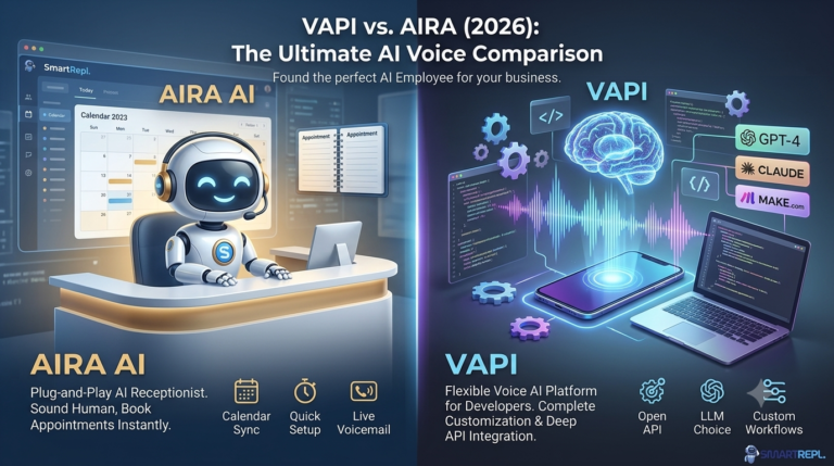 Vapi vs Aira 2026 AI voice platform comparison and workflow automation infographic