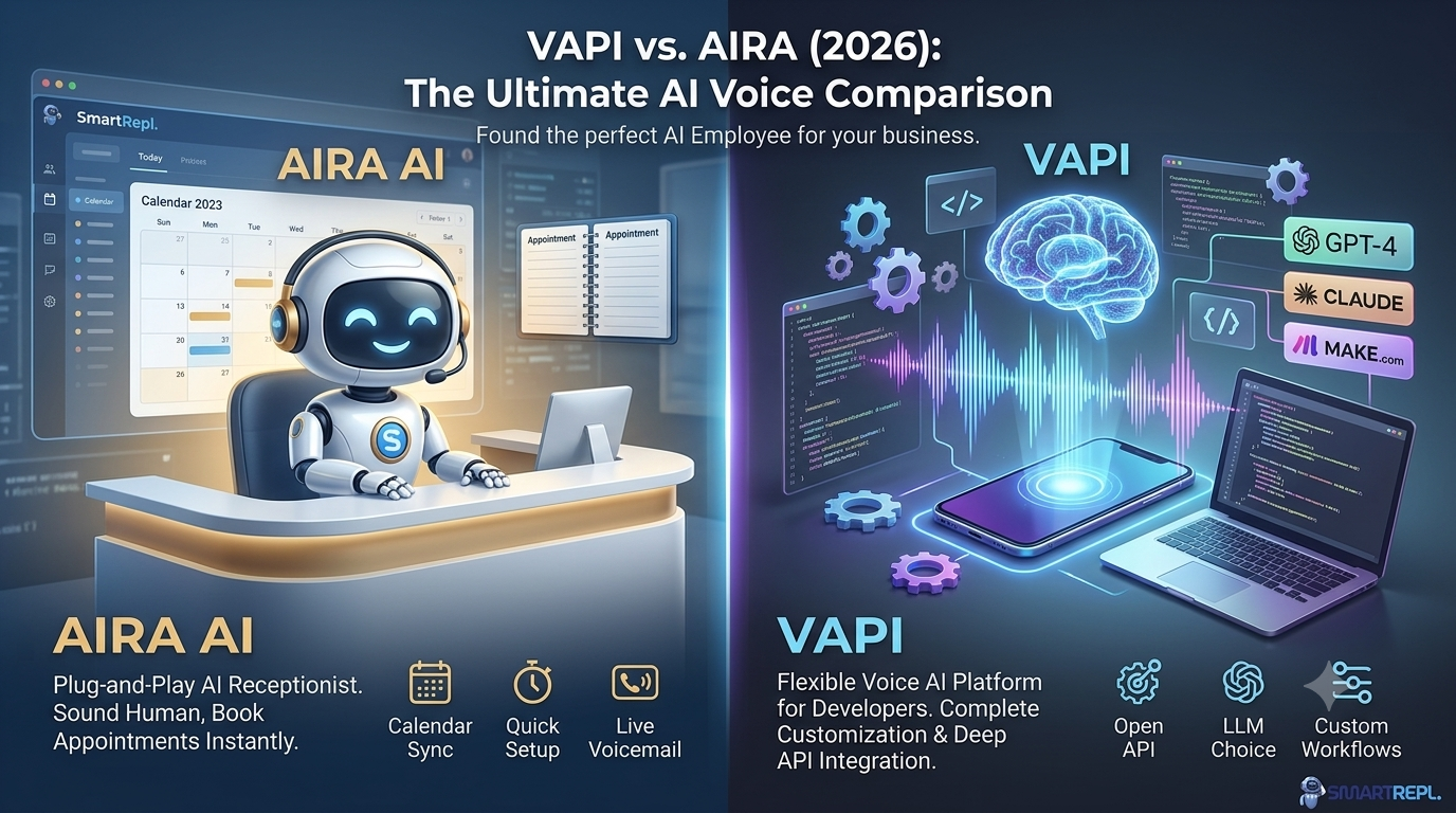 Vapi vs Aira 2026 AI voice platform comparison and workflow automation infographic