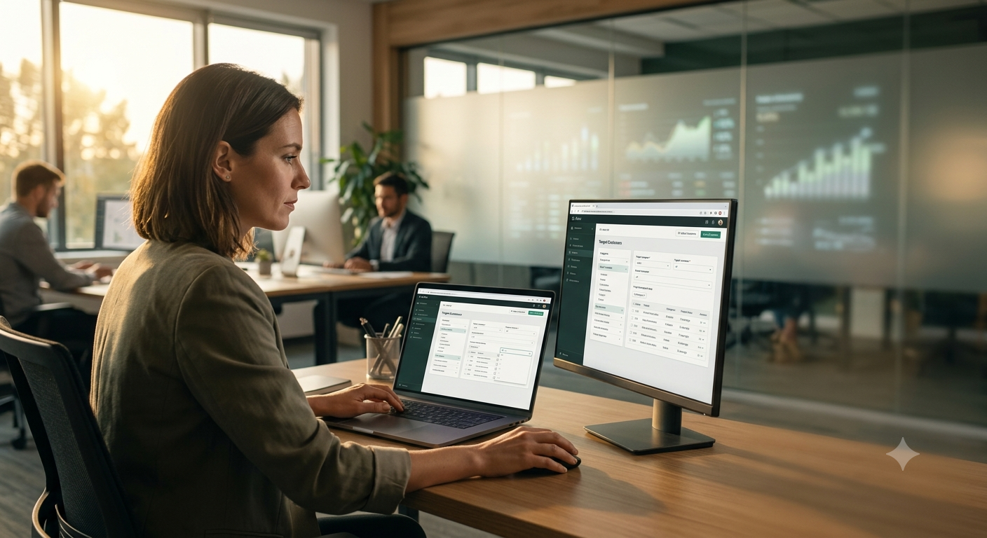 Growth marketer configuring B2B filtering settings in the Aira AI dashboard for lead generation.