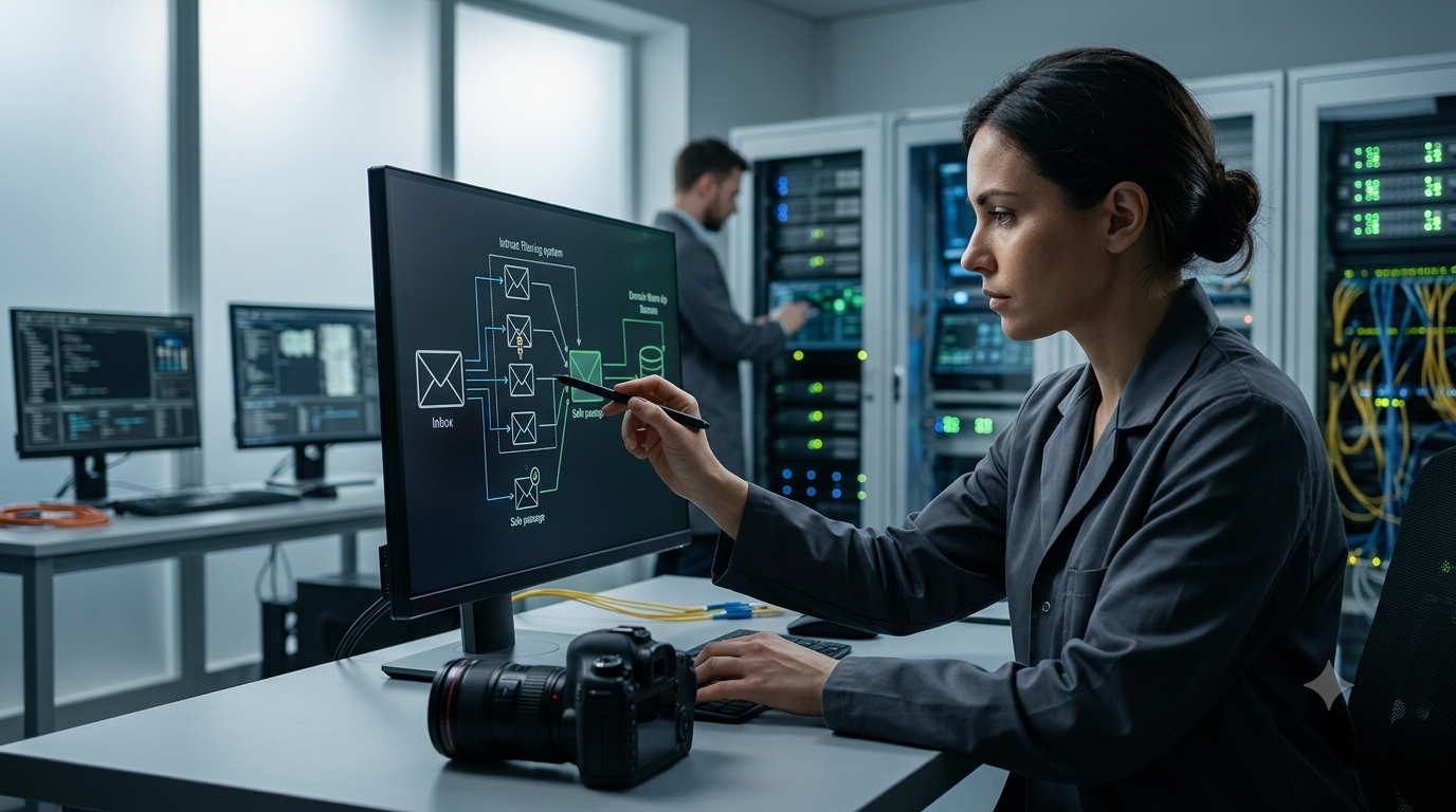 A cybersecurity and deliverability specialist analyzing an email domain warm-up infrastructure blueprint on a monitor.