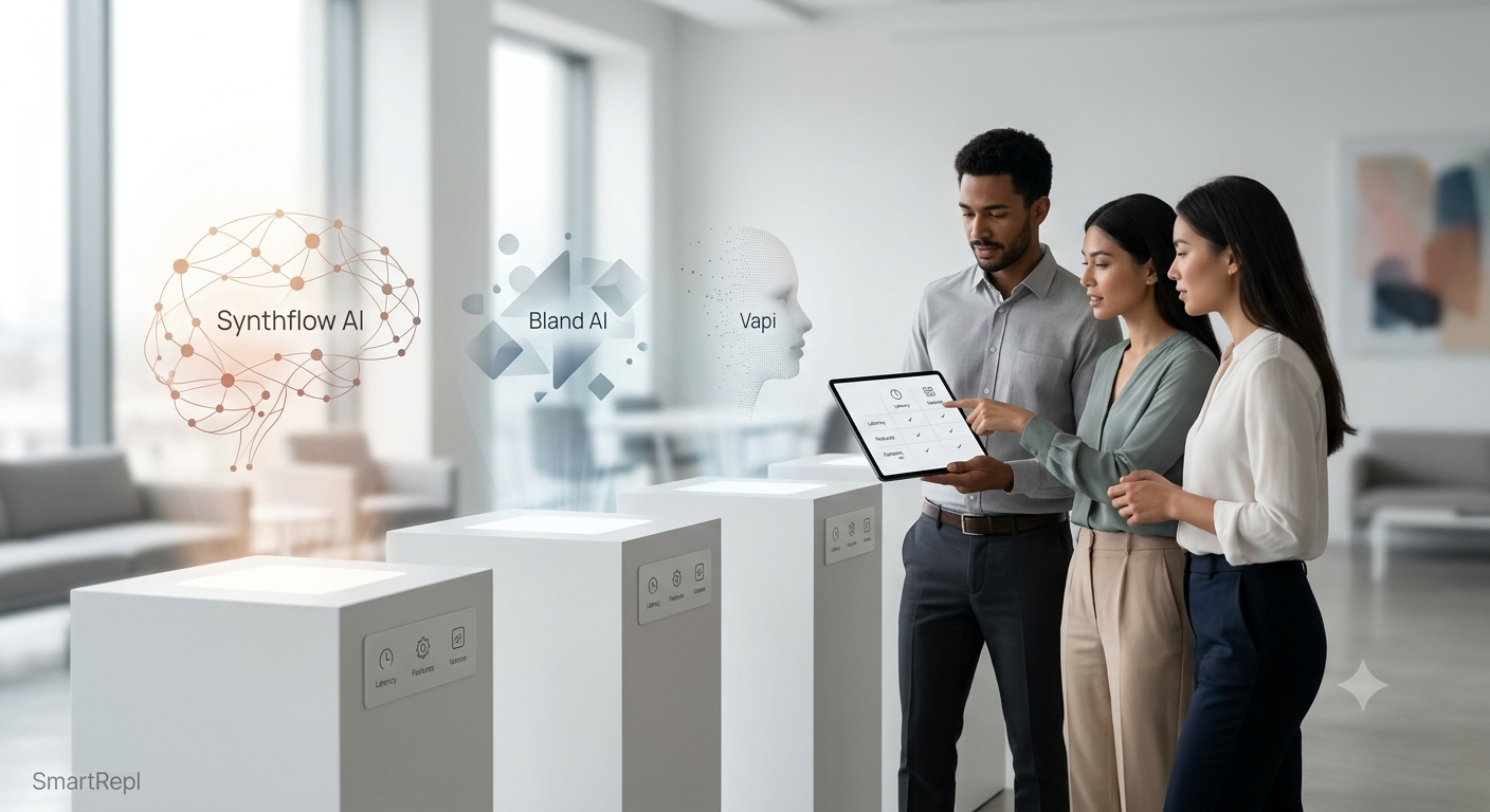 A team of business professionals standing in a bright modern office showroom, using a digital tablet to select and evaluate different voice automation software platforms represented by futuristic floating holographic pillars labeled Synthflow AI, Bland AI, and Vapi.