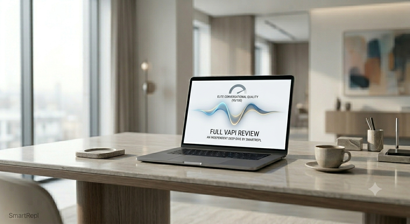 A professional laptop on a modern marble office desk displaying a minimalist dashboard with a glowing, smooth sound wave illustration and a high scorecard icon, representing realistic AI voice processing.