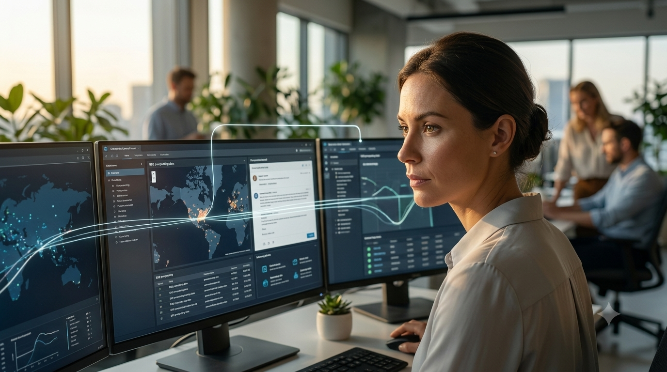 A professional female sales operations manager monitoring an autonomous AI SDR dashboard tracking global B2B outreach.