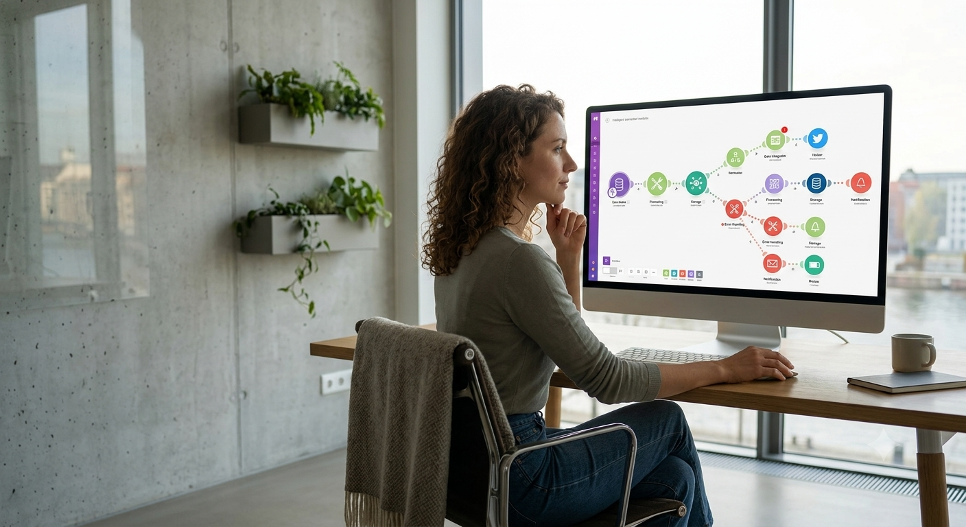 A female operations manager carefully evaluates a highly detailed, 360-degree interactive visual canvas on her desktop screen, designing an advanced automated business pipeline with Make.com.