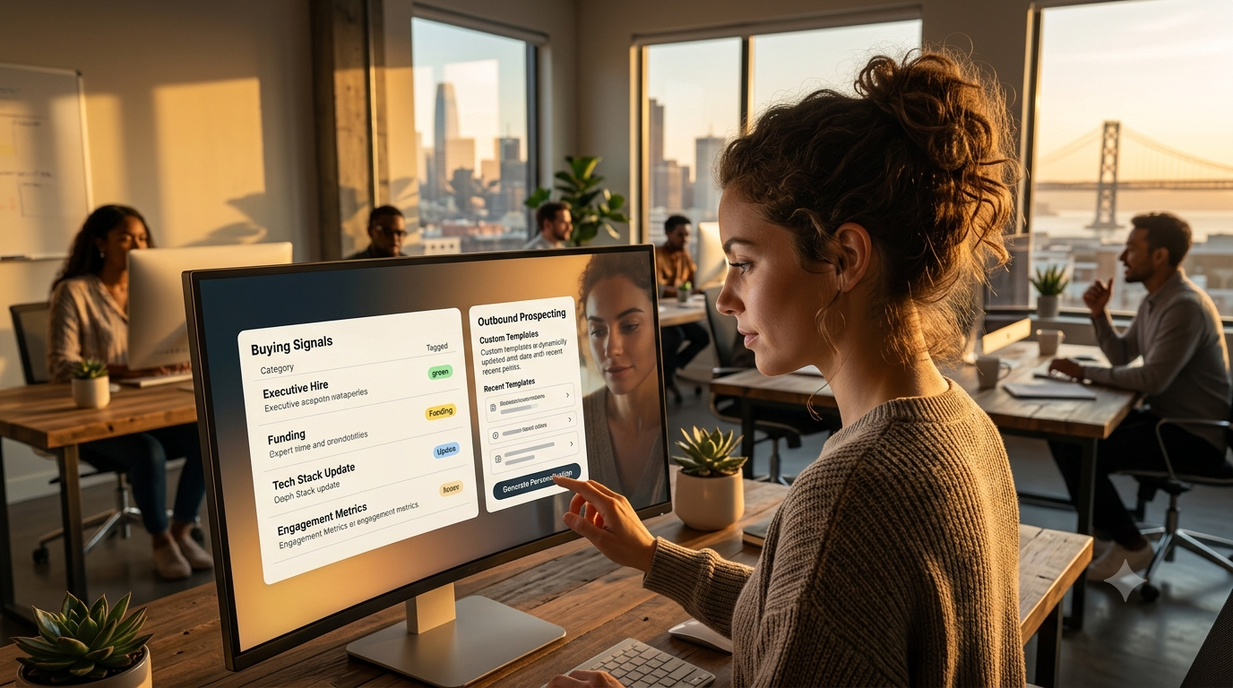 A professional sales representative using an intent-based prospecting dashboard to track real-time B2B buying signals.