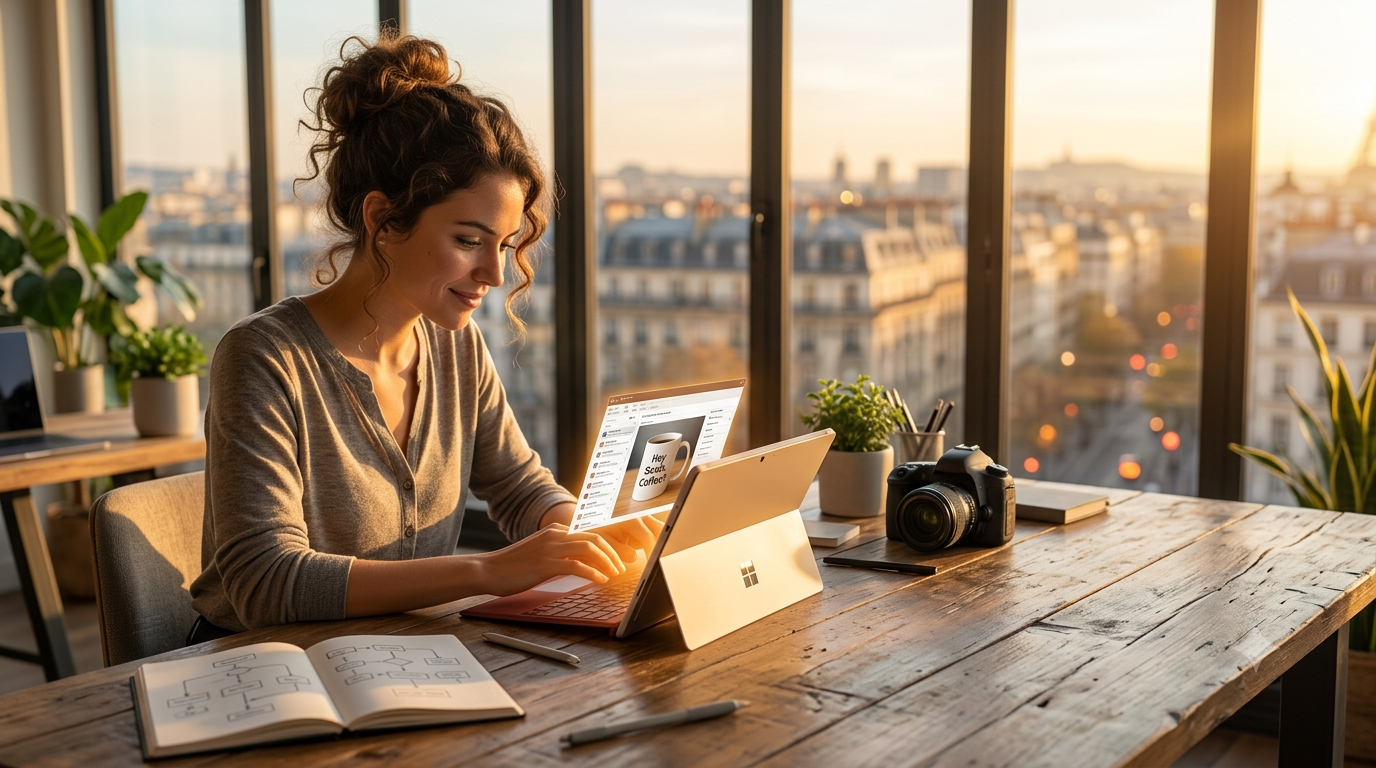 A professional marketer using lemlist’s custom image personalization to create pattern interrupts in cold emails, in a creative workspace during golden hour.