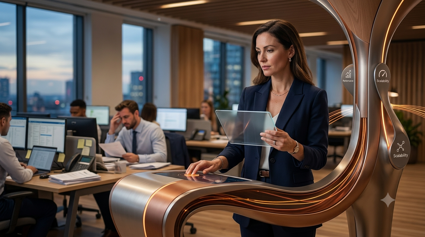 An autonomous Artisan AI agent, visualized as a sleek, integrated console within a bustling London sales floor, actively manages lead data and deliverability while a thoughtful sales manager observes the efficient workflow compared to nearby manual SDR stations.