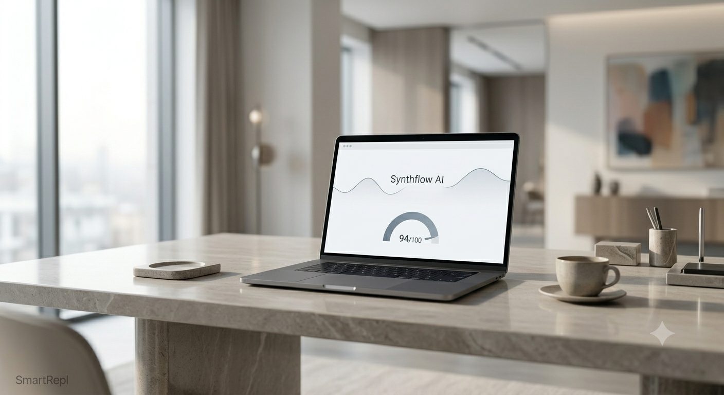 A clean, minimalist workspace featuring a high-end laptop displaying a simple, elegant customer dashboard with the text Synthflow AI Review and a modern corporate aesthetic.