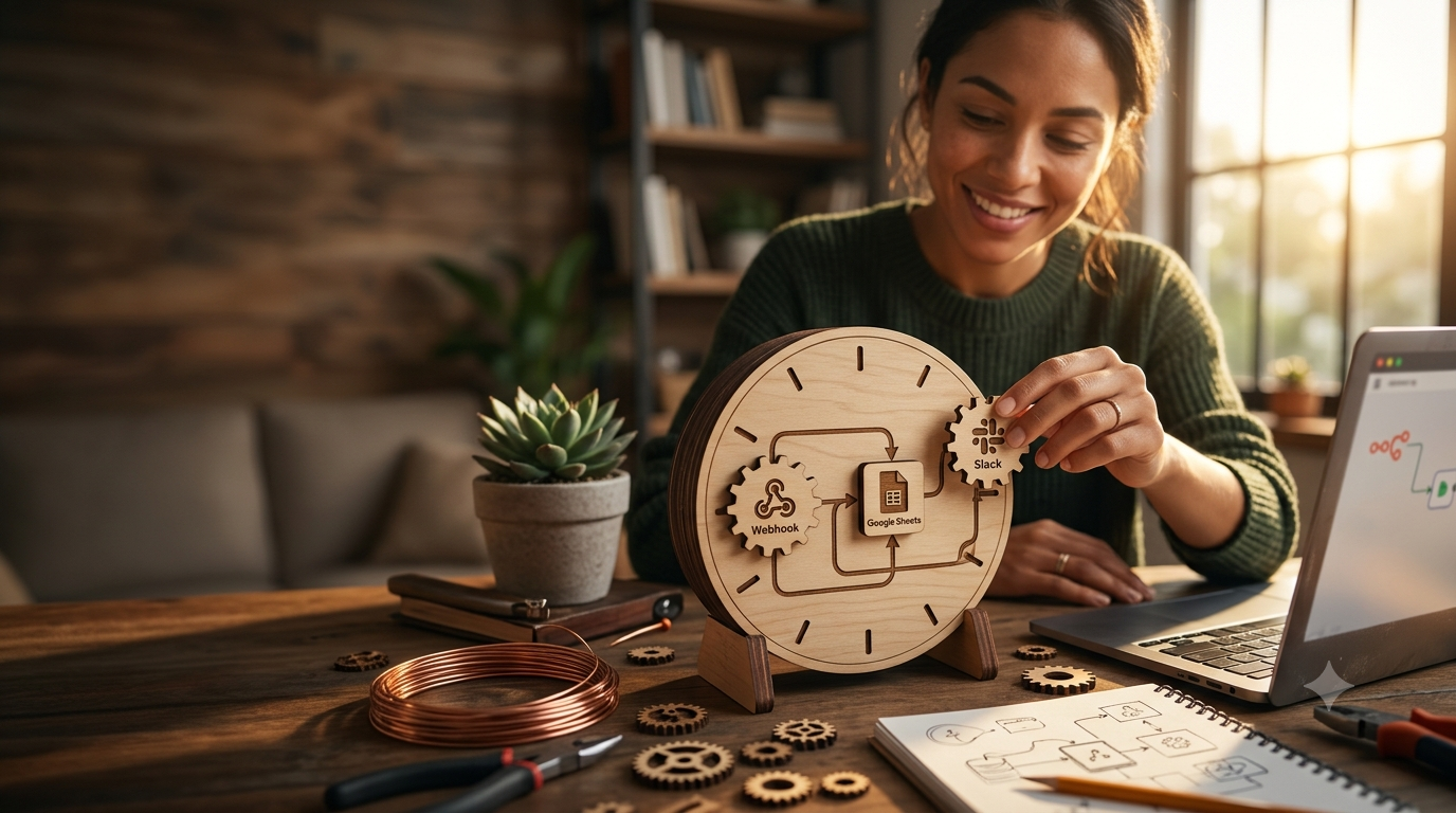 A handcrafted wooden logic clock mechanism on a desk during golden hour, representing a simplified 10-minute automation workflow with connecting gears.