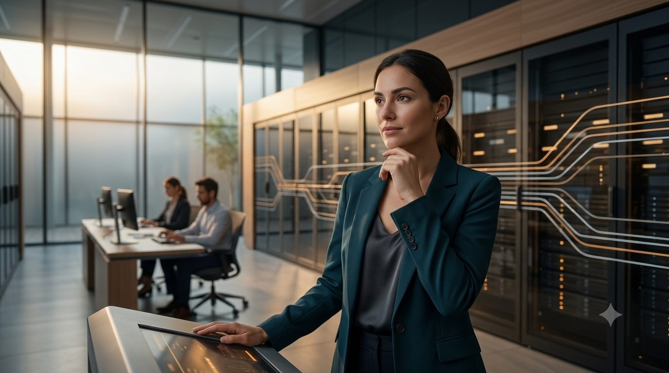 A hyper-realistic 4K image of a focused young operations manager in a modern, naturally lit data center. She is captured from an over-the-shoulder close-up angle, looking at a software interface on a console, signaling streamlined data analysis and an efficient sales workflow. The background shows other productive professionals. The overall atmosphere is premium and innovative, free of clichés. There is strategic empty space for a blog title.