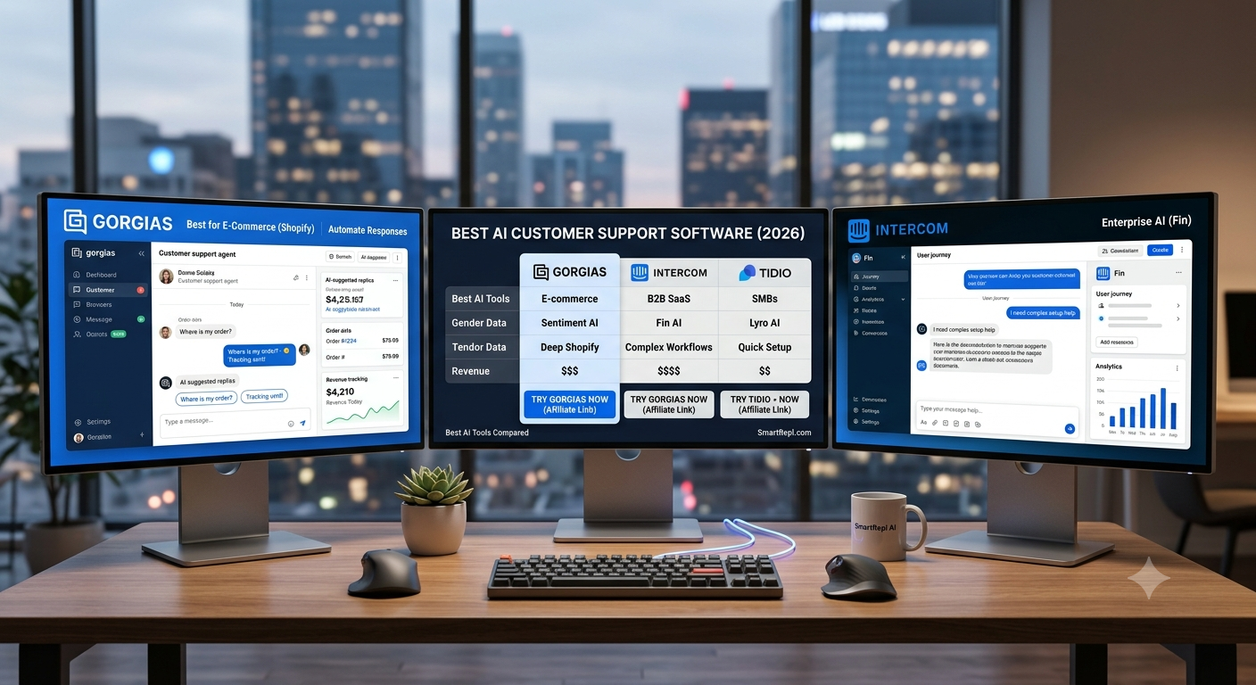 A triple monitor setup showing a comparison table of the best AI customer support software including Gorgias, Intercom, and Tidio on a modern office desk.