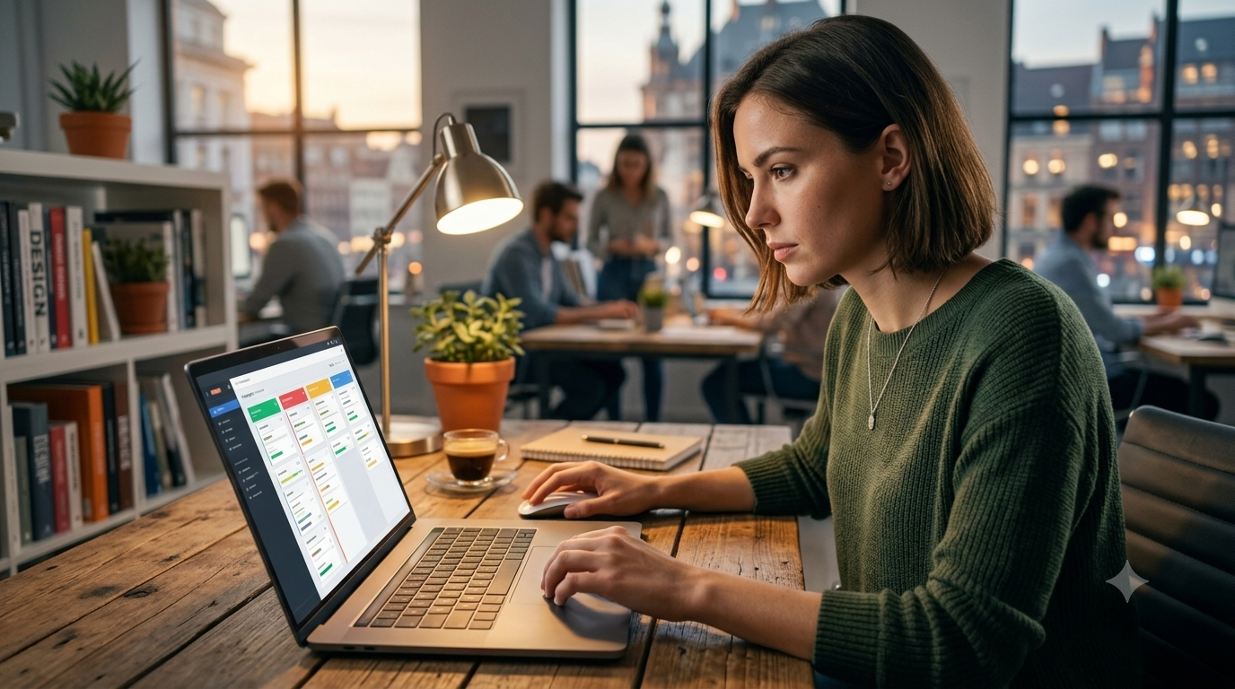 A focused professional manages an outbound email campaign on a laptop in a bustling, modern open-plan office.