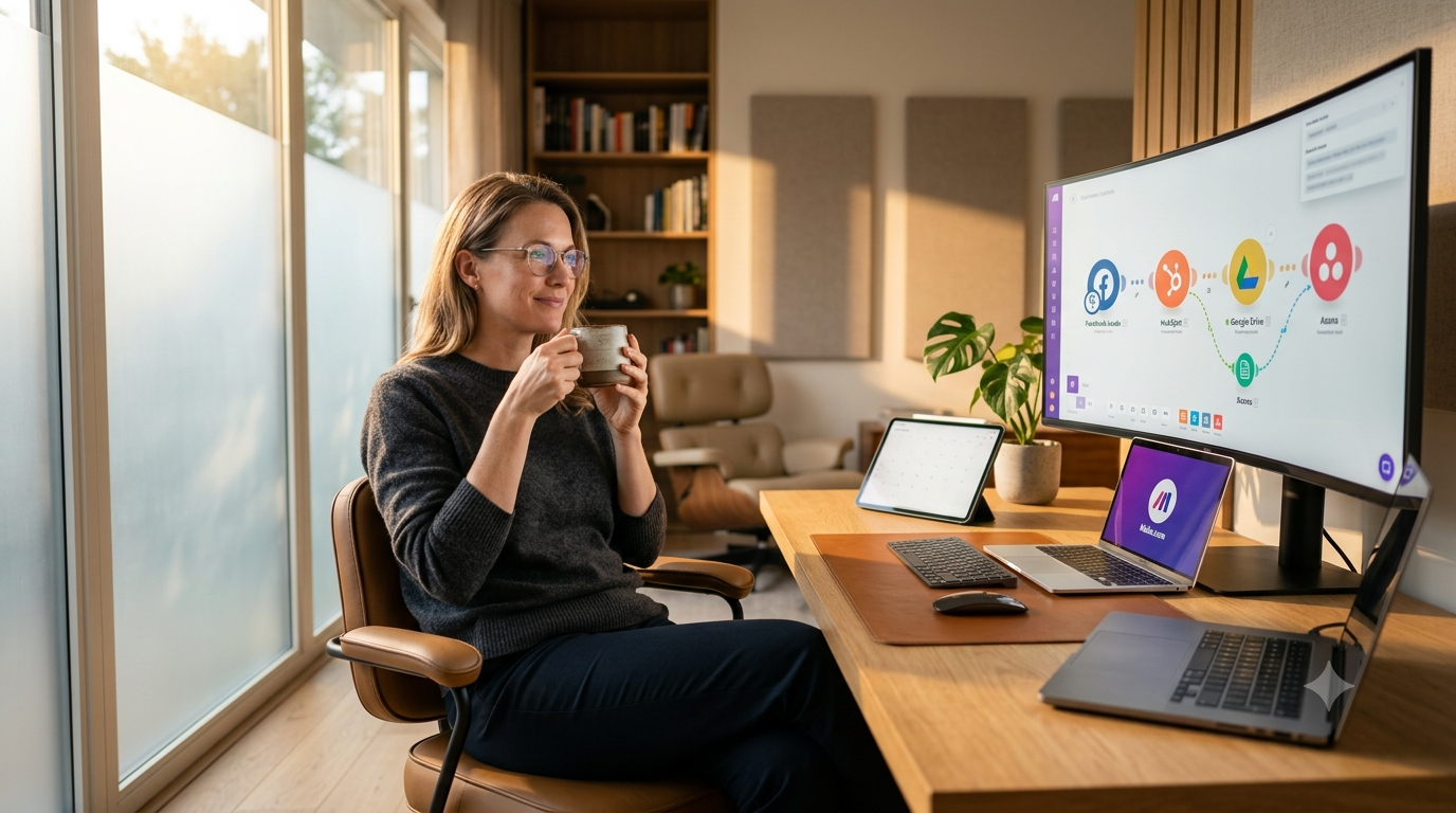 A premium 4K commercial photograph of a relaxed female entrepreneur sitting in a warm, sunlit home office, holding a coffee mug and smiling at a curved monitor. The screen displays a clear, visual no-code workflow connecting different business apps, symbolizing saved time, business transformation, and the elimination of manual work.