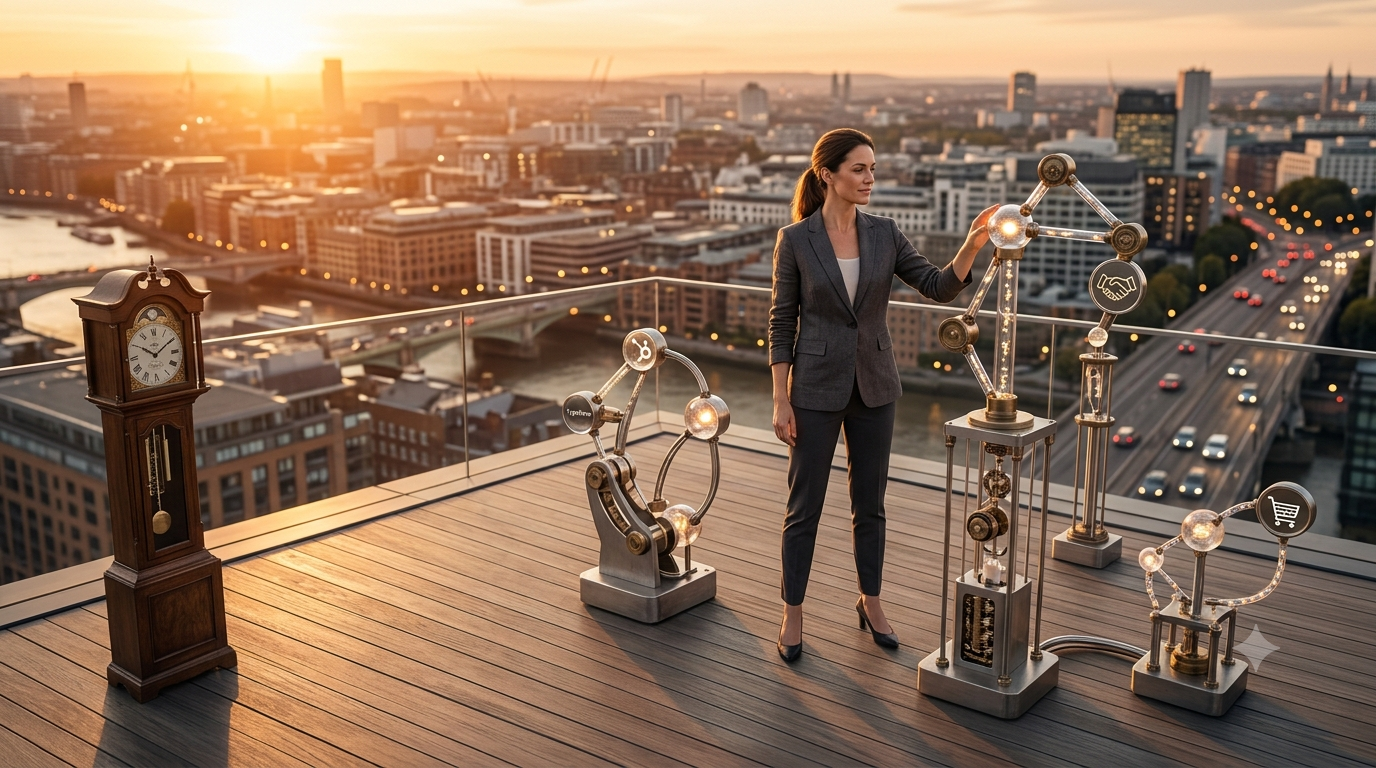 A female business owner managing automated operations workflows visualized as physical light structures on a modern rooftop terrace during sunset.