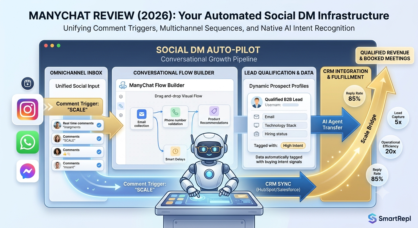 ManyChat dashboard visual flow builder interface automating conversational marketing workflows and CRM integration