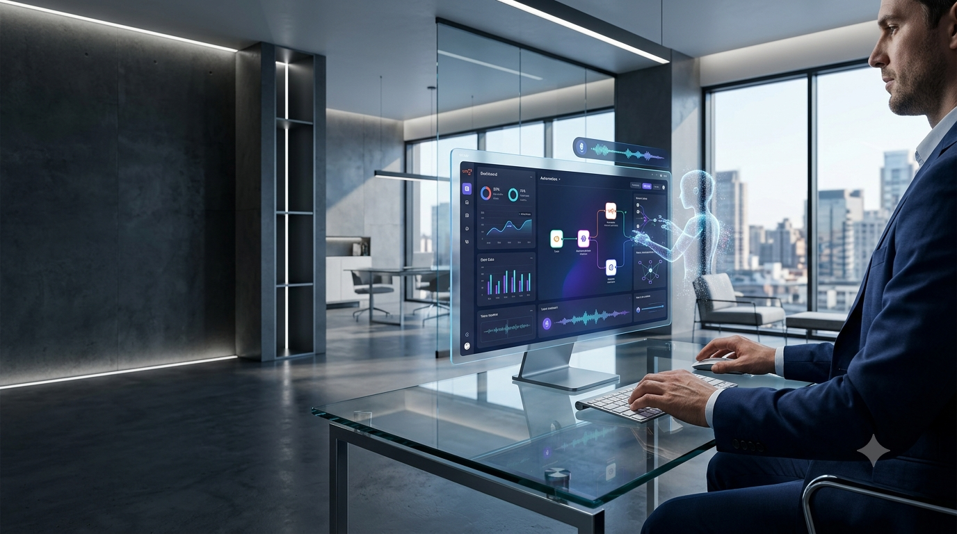 A professional business executive working with a futuristic 3D automation workflow dashboard on a computer screen, symbolizing powerful workflow integration and data processing.