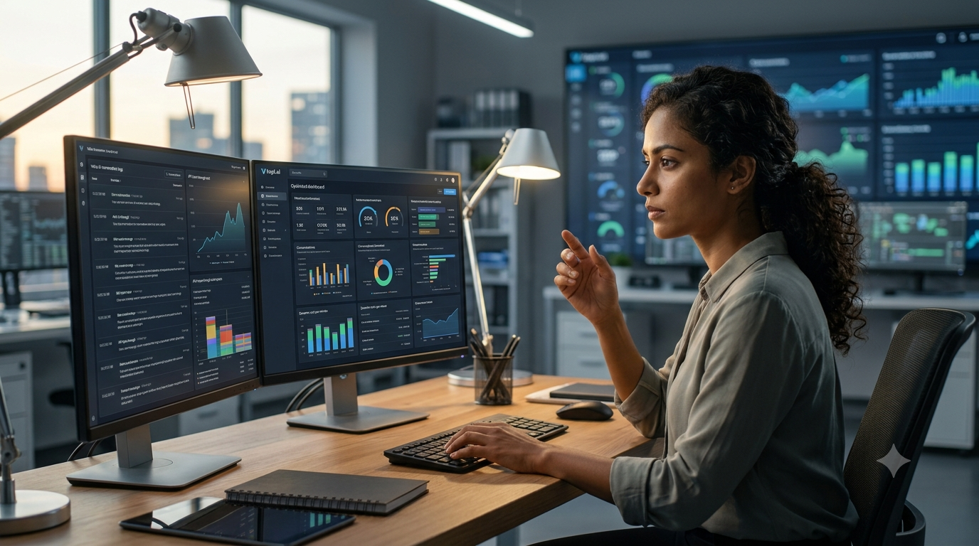 An analytical developer in a sleek high-tech data hub monitors real-time conversational latency logs and API pass-through cost graphs for a Vapi.ai voice agent deployment.