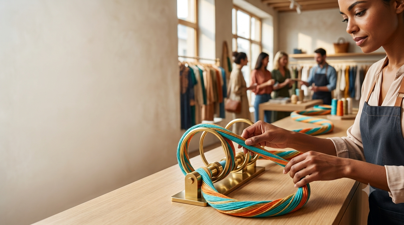 A close-up of a female shop assistant calmly managing a continuous, colorful thread looping through a brass fixture on a wooden counter, with blurred customers in the background, symbolizing a seamless automated customer support workflow.