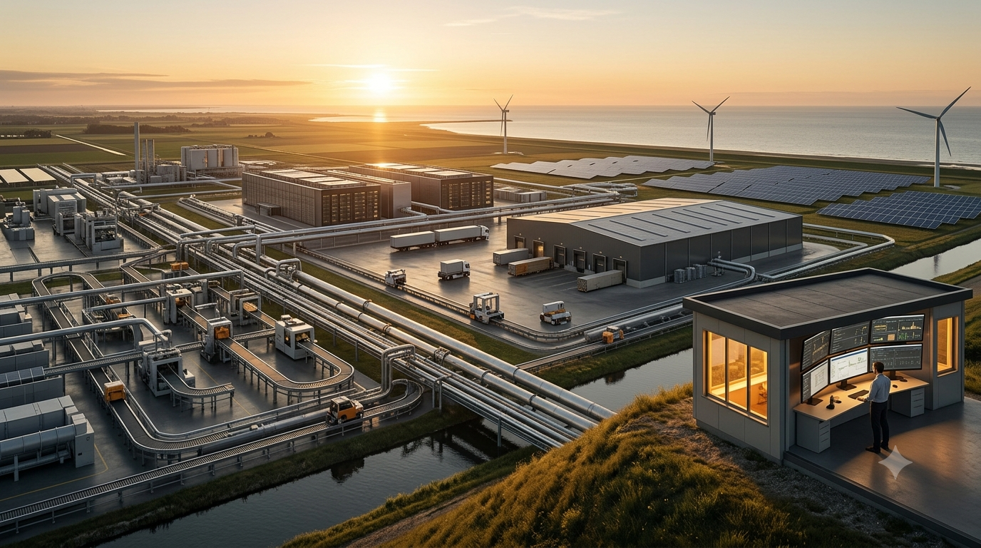 An aerial wide-angle shot of a sprawling, automated industrial warehouse and logistics facility during sunset, with a control room in the foreground overlooking efficient operations, symbolizing scaled business automation and cost savings.
