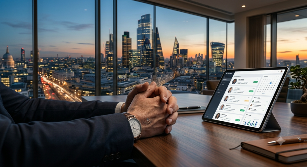 A professional analyzing B2B lead scoring metrics on a digital tablet in a high-rise city office during sunset.
