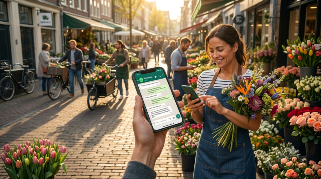 A detailed, ultra-realistic shot of a busy European flower market at sunset, viewed from the perspective of a user holding a smartphone with an active WhatsApp automation interface. In the foreground, a female florist smiles with a large, diverse bouquet and types on her own phone, visualizing the efficiency of ManyChat for mobile customer service in a dynamic, 'on the go' business environment.