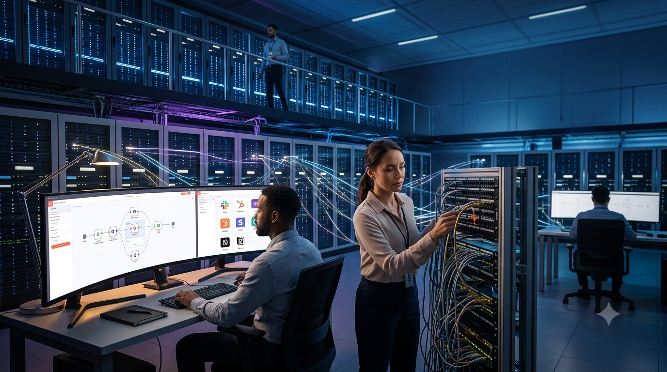 A cinematic wide-angle shot of a diverse team of automation specialists working inside a high-tech data center, with a female professional adjusting illuminated cables on a network panel, symbolizing complex node-based workflow automation.