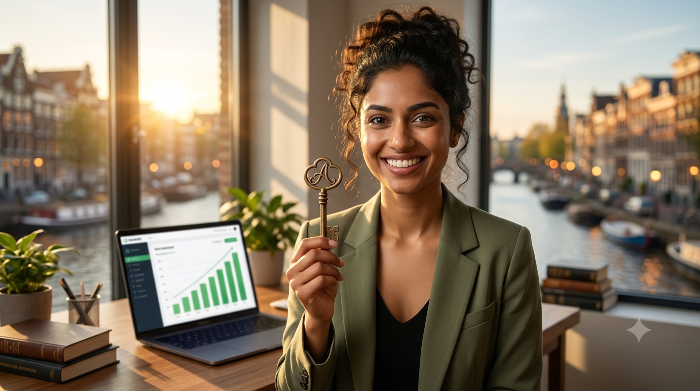 A smiling female SaaS founder holding an antique brass key in a premium home office with a view of Amsterdam canals at sunset, symbolizing automated business growth.