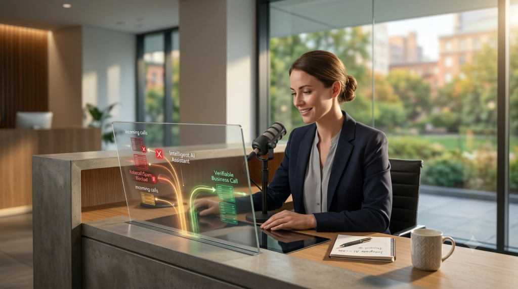 A professional receptionist in a modern office looking relaxed while an intelligent AI assistant visually filters out spam calls on a transparent screen.