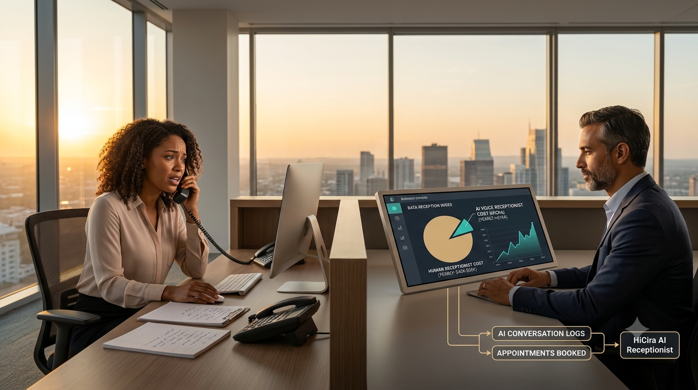 A premium 4K conceptual photograph set in a modern corporate office with floor-to-ceiling windows overlooking a city skyline at sunset. The image illustrates a cost comparison split screen effect within a shared workspace desk setup. On the left side, a stressed female human receptionist is handling a landline phone call amidst stacks of paperwork. On the right side, an executive looks at a clean digital interface displaying optimized cost graphs, pie charts comparing salary overhead, and a status reading 'HiCira AI Receptionist'. The professional magazine layout includes open empty space in the upper center area for a potential blog title overlay. High dynamic range with a DSLR cinematic depth of field.