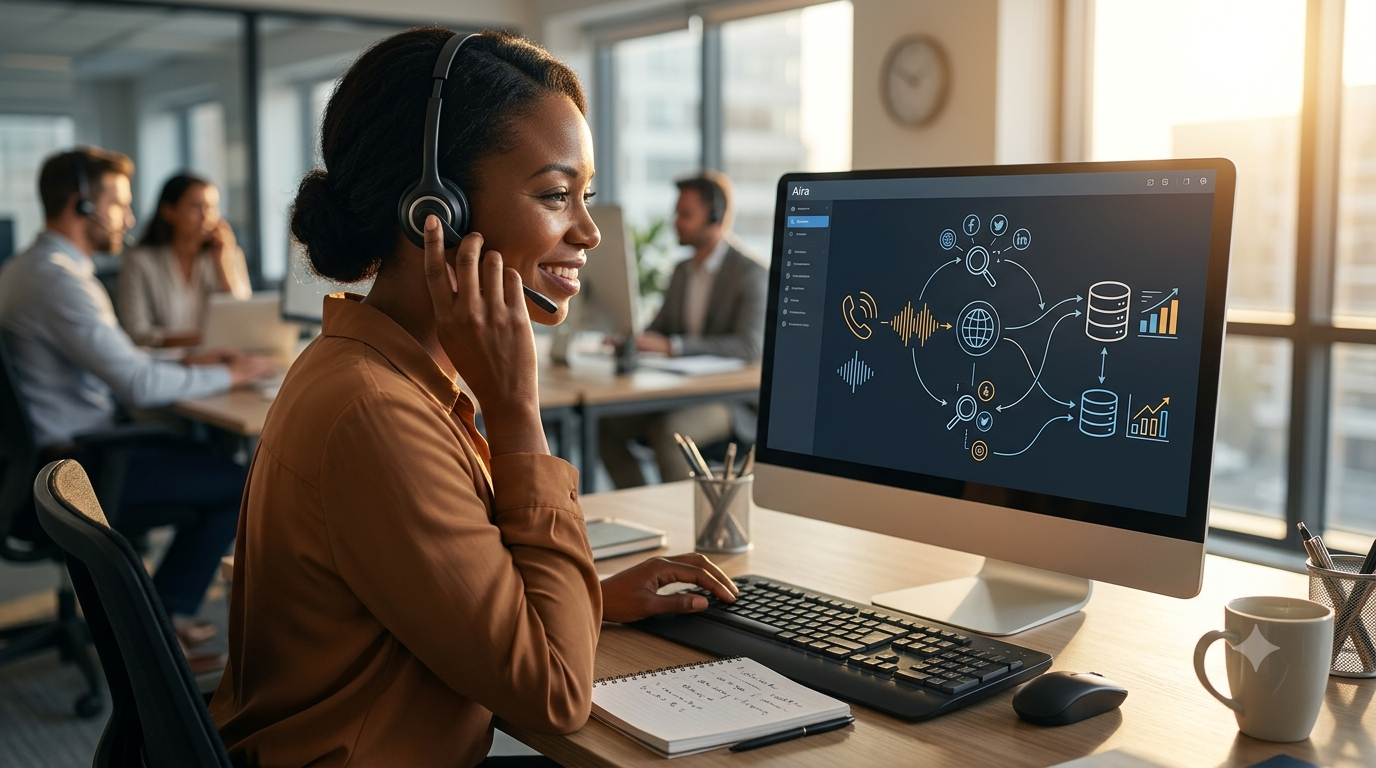 A premium, over-the-shoulder commercial photograph of a smiling professional sales representative wearing a headset in a modern, bright call center office during morning golden hour, with a computer monitor showing a clean data mapping flow diagram illustrating an automated database enrichment cycle.