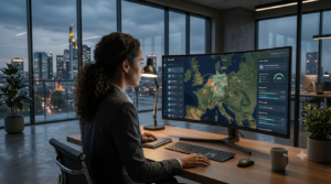 A business analyst at a curved monitor displaying European market data and intelligence in a modern high-rise office at twilight.